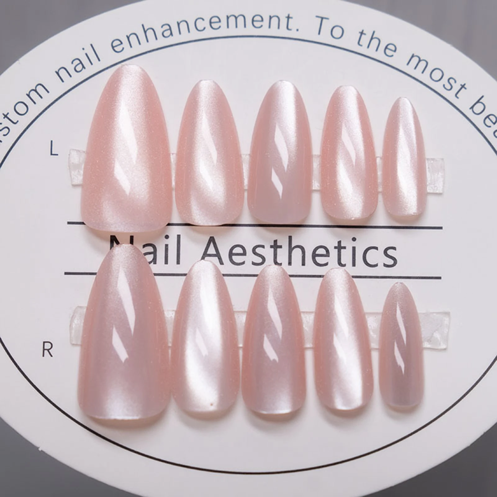 24pcs Long Almond Pink Cat's Eye Fake Nails Press On Nails Round False Nail Flash Aurora Wearable Artificial Nails With Adhesive