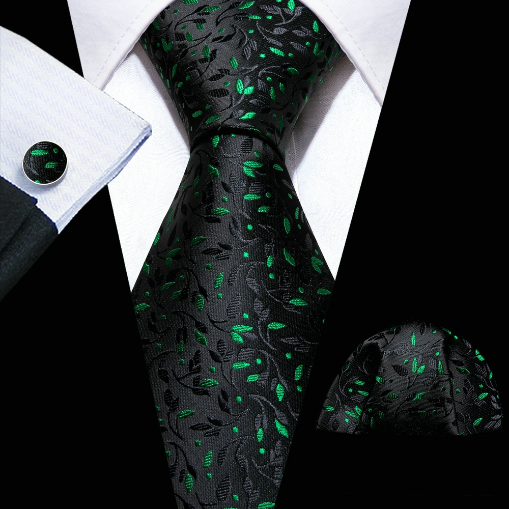 Conjunto de corbatas de seda de lujo para hombre, corbata de cuello Floral, conjunto de gemelos, pañuelo, negro, hojas verdes, boda, fiesta de