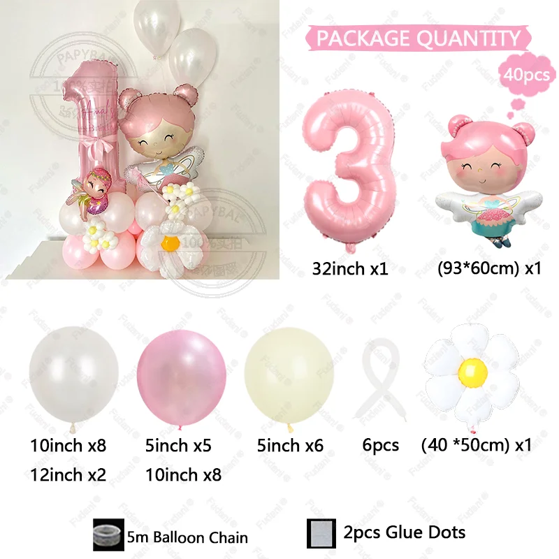 40 قطعة زهرة الكرتون الجنية 32 بوصة الوردي الألومنيوم نموذج بالون رقمي العمود حفلة عيد ميلاد الديكور لوازم الزفاف #6
