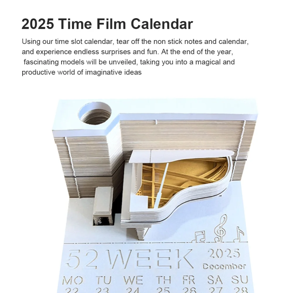Piano Desk Calendar 2025 Creative Desk Calendar Paper Carving Art Memo Pad Notepad 3D Art Calendar for Desktop Decoration