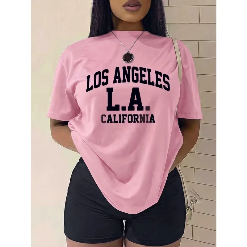 Soft Skin-Friendly Crew Neck T-Shirt for Women, Vintage Varsity LOS ANGELES LA CALIFORNIA Letter Print