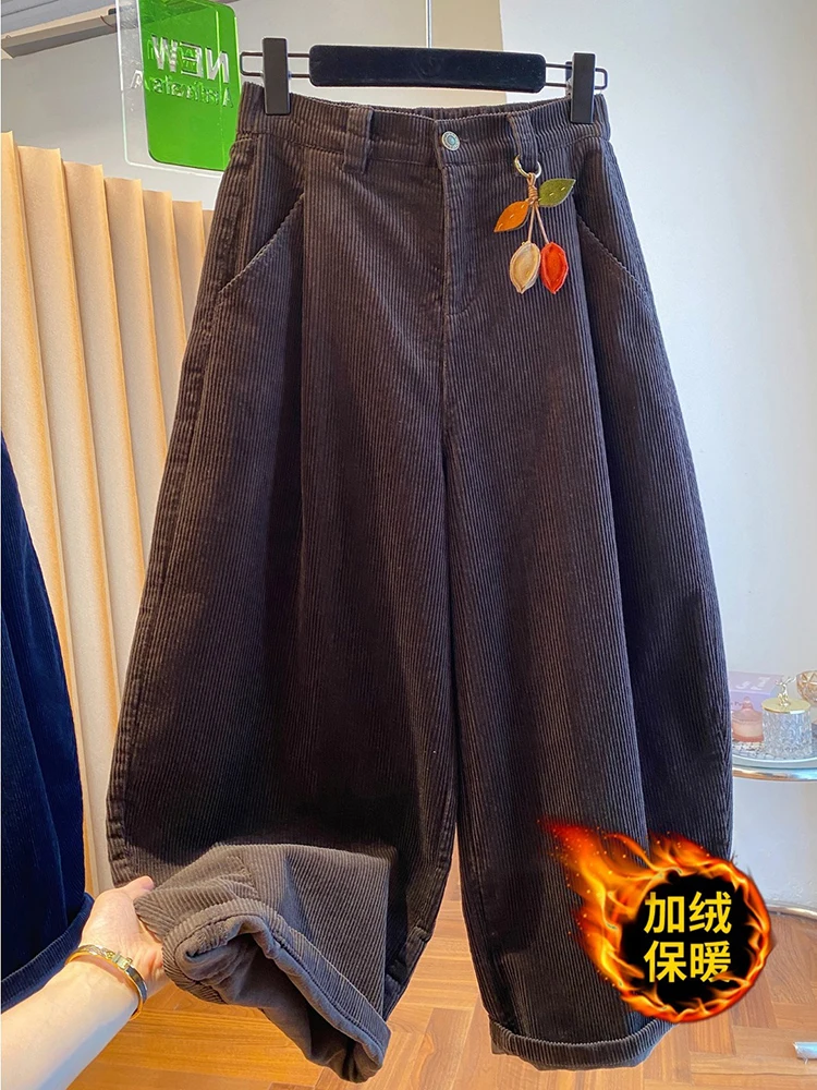 Retro corduroy curved knife wide leg pants women in winter high waist thick velvet added warmth casual loose harem pants