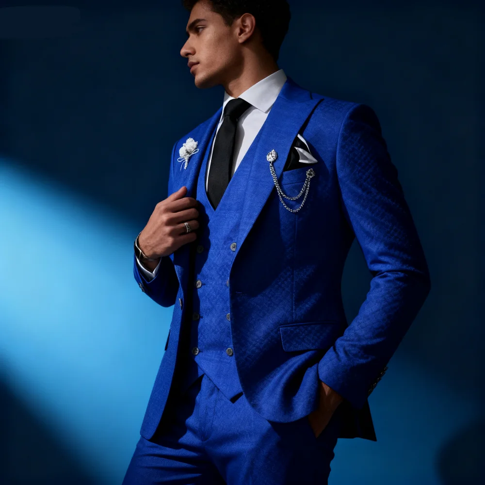 

Chic Blue Men's Terno Set with 3-Piece Jacket Pants Vest Notch Lapel Slim Fit Blazer High Quality for Formal Occasions