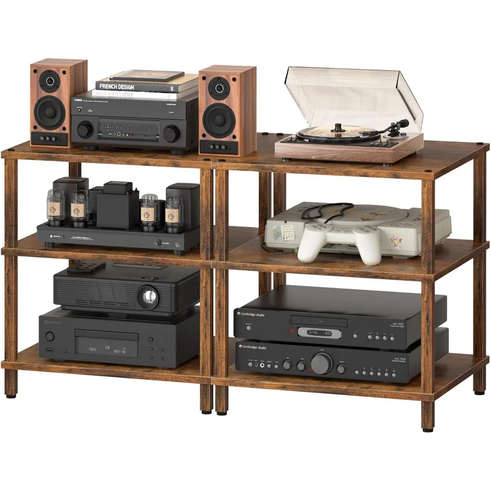 

3-Tier AV Media Player Stand Set of 2, Brown Stereo Cabinet, Wooden TV Stand,Game Console Shelf, Multifunctional Entertainment