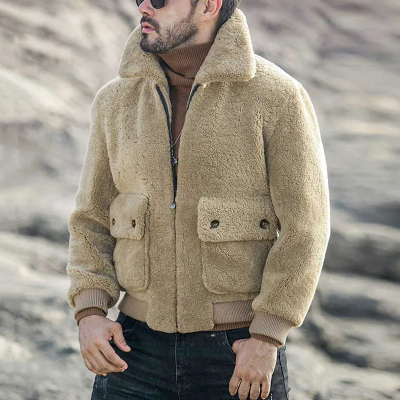 

New Mens Woolen Jacket Autumn and Winter Lamb Fleece Jacket Flip Collar Zipper Thickened Plush Fashion Coat Men