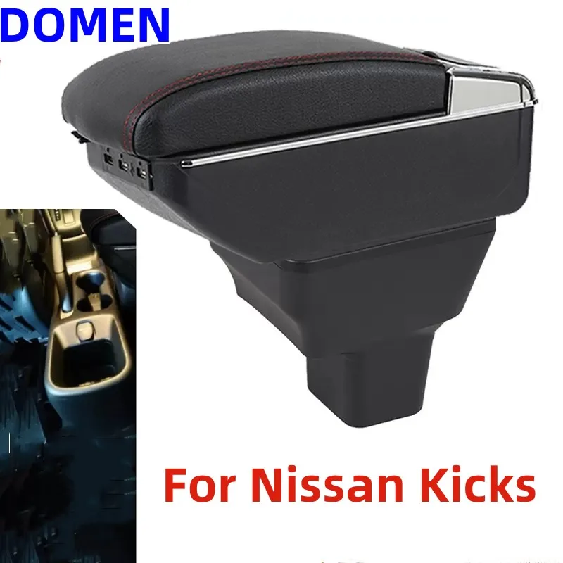 

For Nissan Kicks Armrest Box 2016-2021 Central Console Storage Box Ashtray Cup Holder PU Leather USB Charging Rotatable