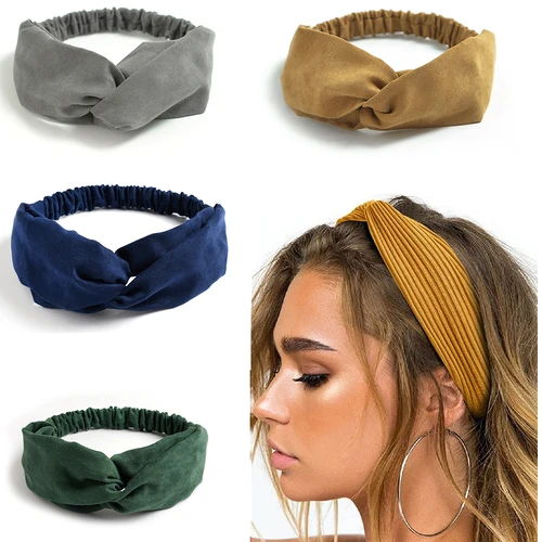 Imagen 1 del producto Turbante cruzado, diademas sólidas para mujer, diademas de gamuza bohemia anudadas torcidas para niña, diadema con agradable arco, accesorios Vintage para el cabello