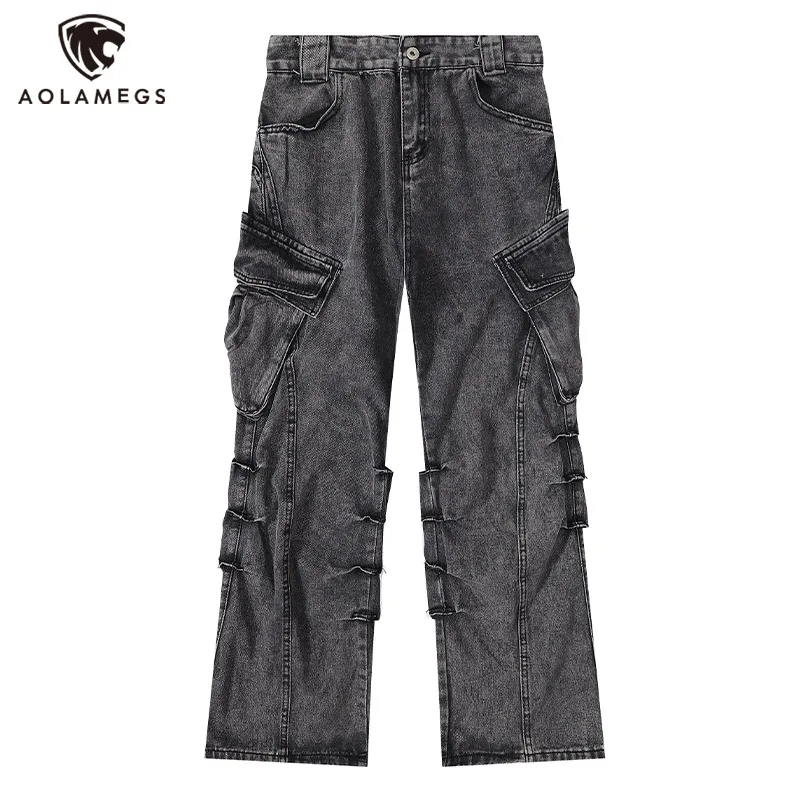 

Men Black Jeans Solid Color Multi-pocket Loose Pants Vintage Pleated High Street Trousers Washed Distressed Streetwear