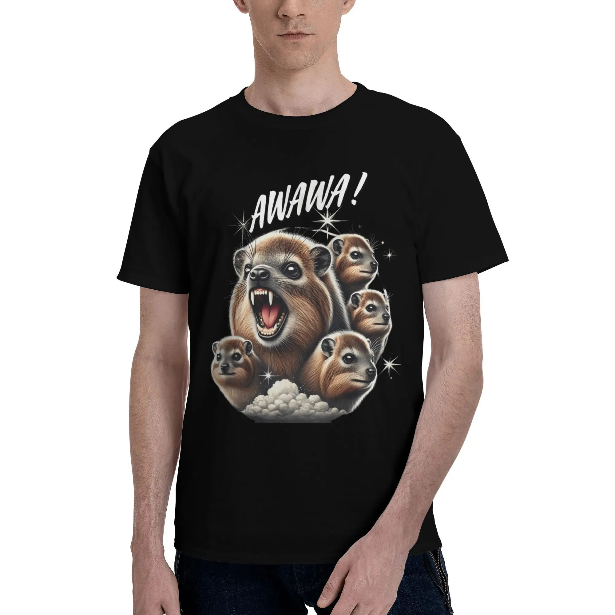 Vintage Hyrax Meme T-Shirts for Men Animal Angry screaming Hyrax Meme Round Collar Cotton T Shirt  Short Sleeve Tee Shirt Tops