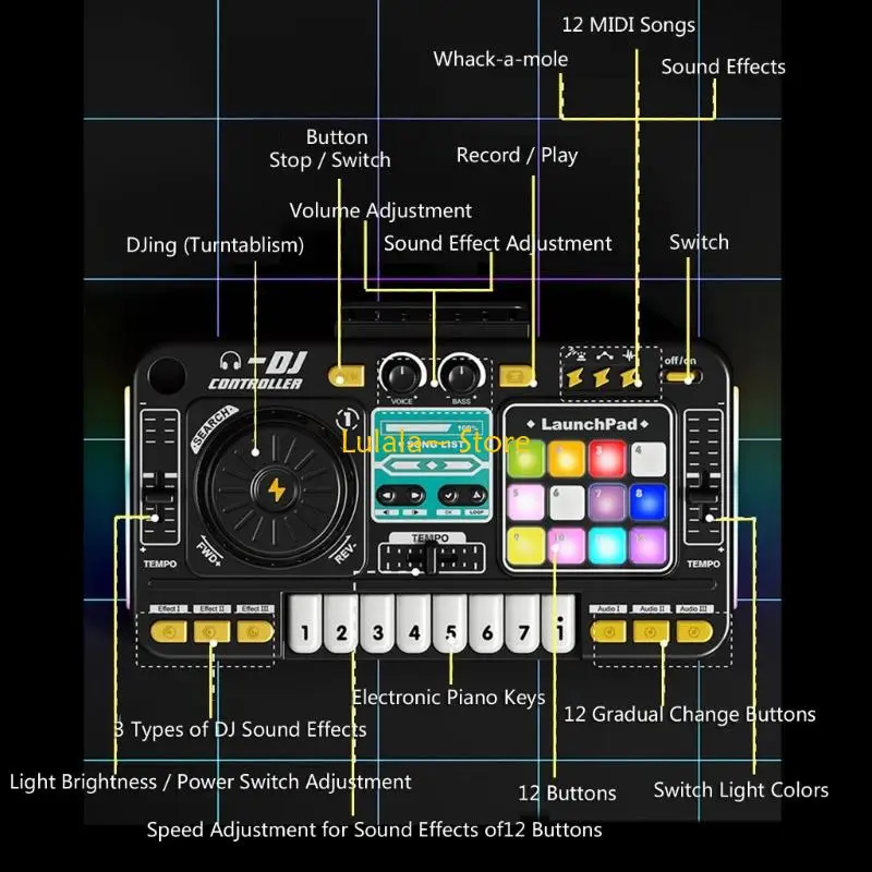 Y4QA 子供電子音楽プレーヤー Dj ミキサーセットおもちゃ 12 MIDI 曲ごっこ遊び DJ コントローラー機器教育ギフト