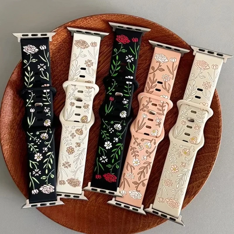 

Straps For Apple Watch Band 44mm 42mm 41mm 40mm 45mm 49mm 46mm Floral Engraved bracelet correa iwatch series 10 9 7 SE 6 8 Ultra