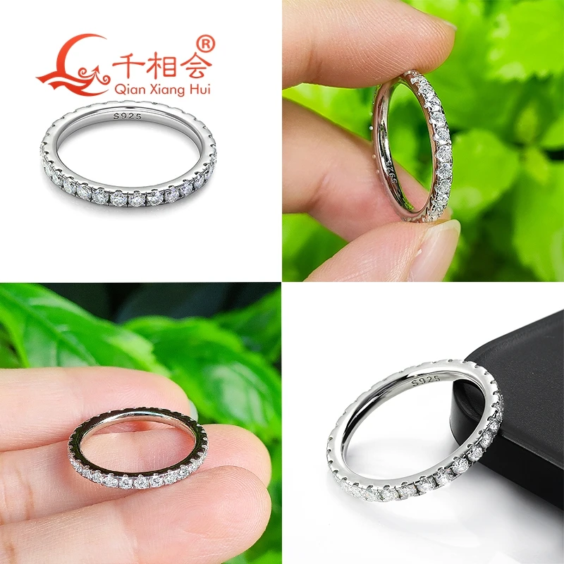 Solide 2 mm Moissanit voller Ewigkeit Ring Band 925 Sterling Silber weiß rund Moissanit Diamant Schmuck Geschenk Dating Party Frauen