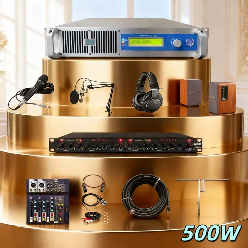 مجموعة المعدات الكاملة لجهاز إرسال FM YXHT-500W للمجتمع - تقليل الضوضاء، قائمة تشغيل/إيقاف التشغيل، تتضمن الميكروفون #1