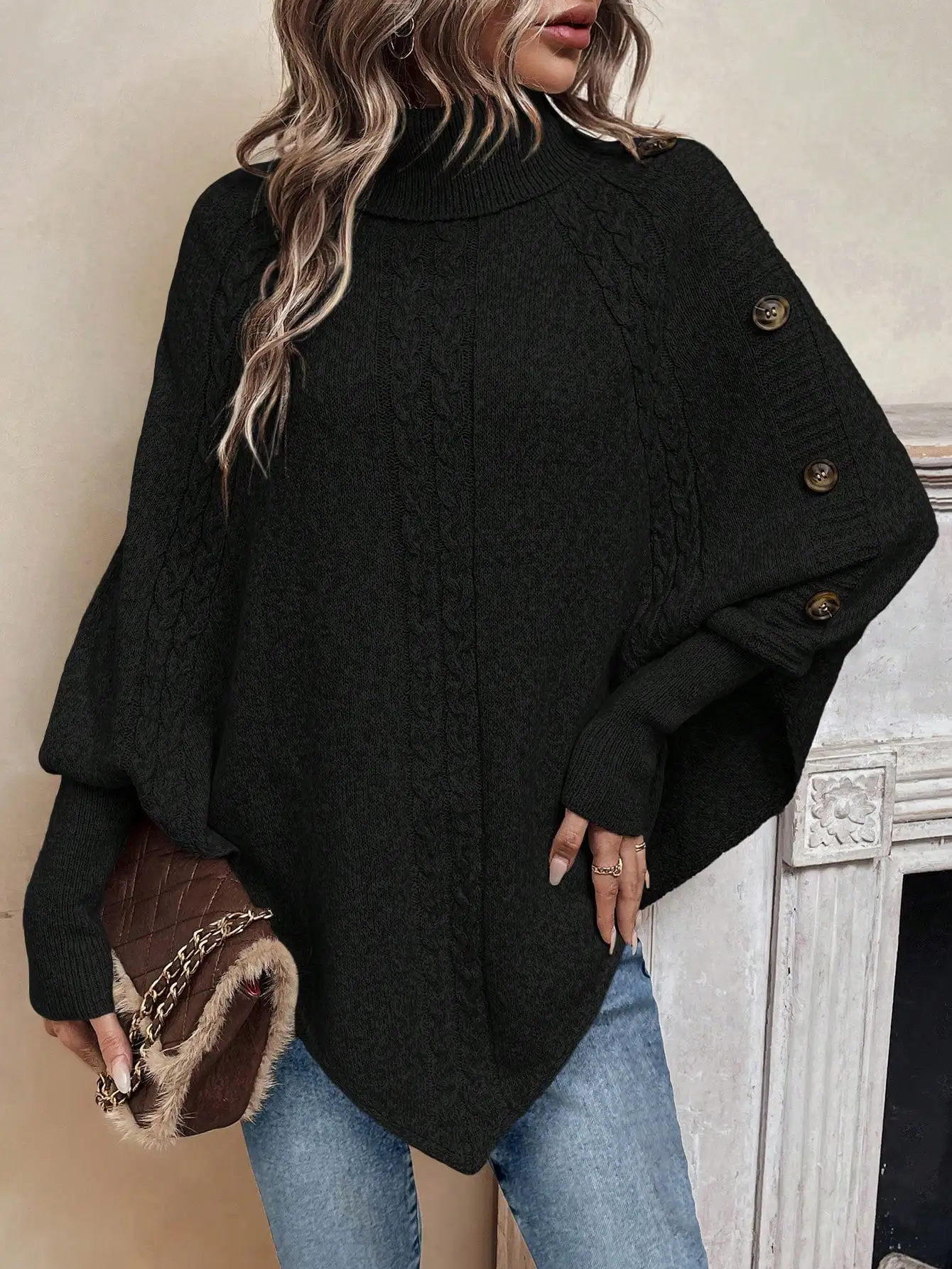 

High Neck Batwing Sleeve Cable Knit Cape Sweater with Button Detail, Oversized Long Sleeve Top for Fall Winter