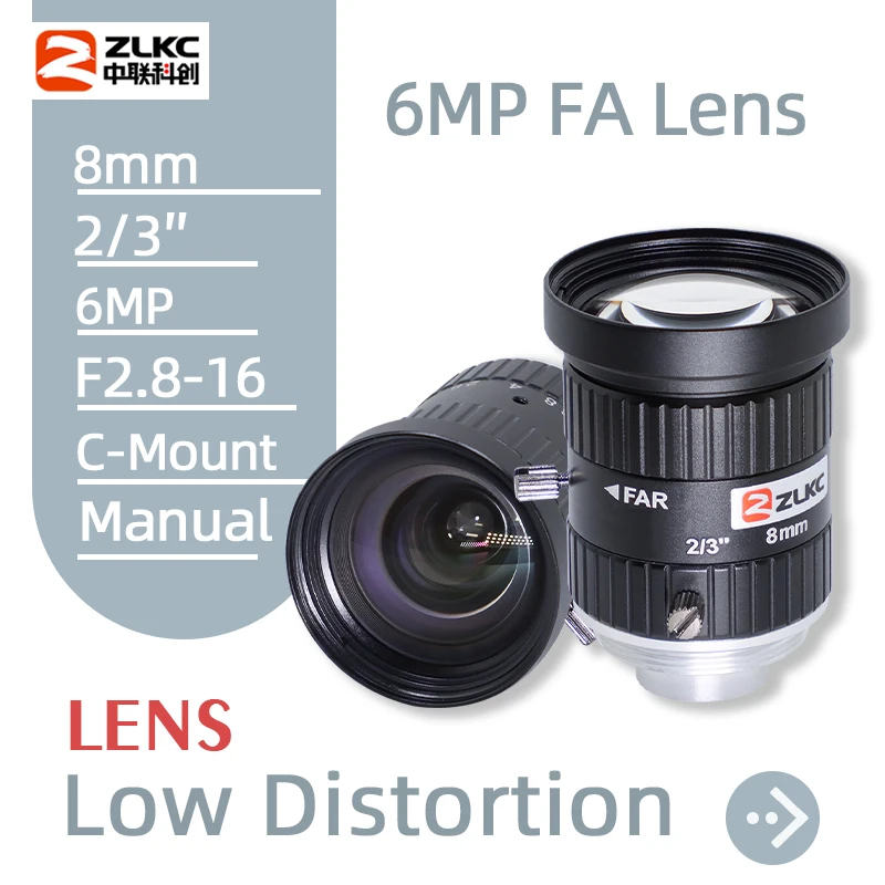 ZLKC FA Lens 6 MP 8mm 2/3 Inch Camera Lenses CCTV Parts C Mount Lens  for Basler Cameras Low Distorsion F2.8 Iris Machine Vision