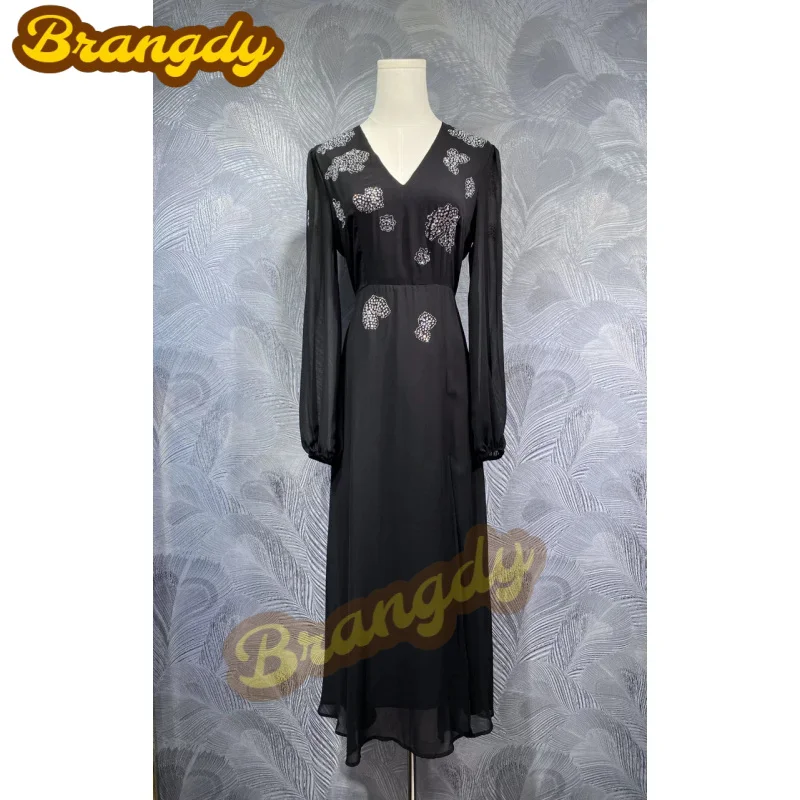 

Brangdy Luxury 2025 Summer New V-neck Hot Bead Waist-Tight Long Dress