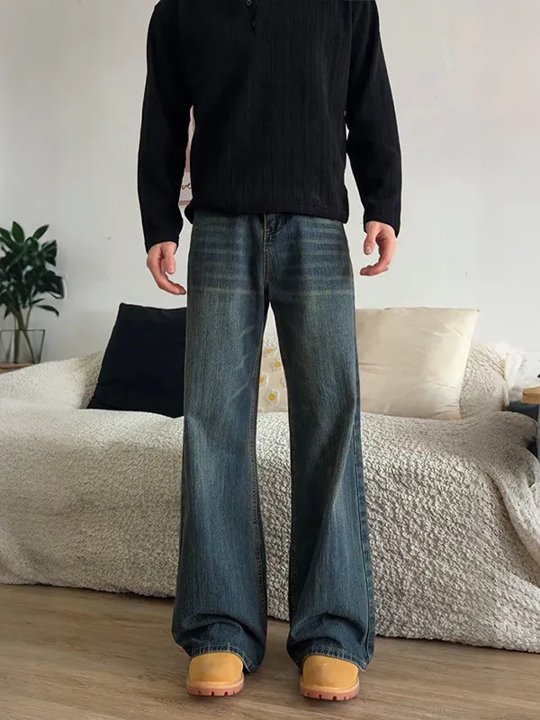 

Deep Blue Bamboo Bud Micro Flared Denim Jeans Men's Autumn Winter American Retro Lift Waist Cleanfit Straight Leg Pants