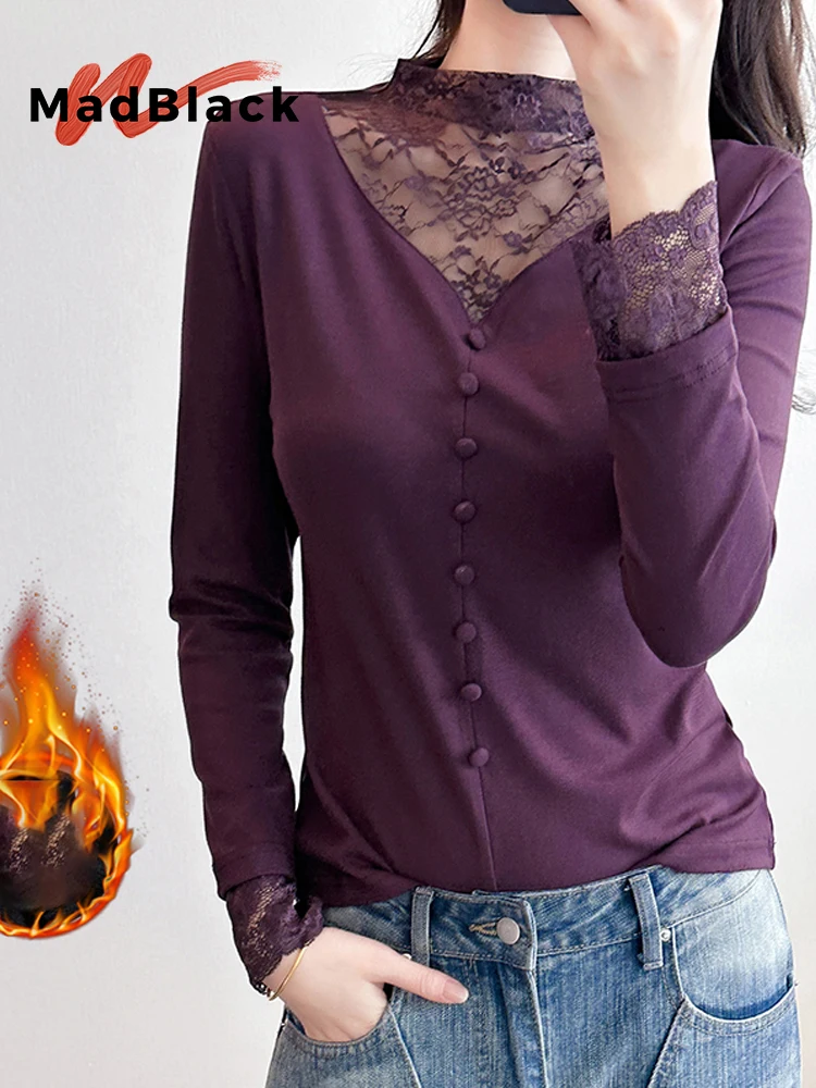 

MadBlack-Женская европейская матовая футболка, сексуальные кружевные пуговицы с воротником-стойкой, тонкая футболка S-3XL с длинными рукавами для уличной одежды, осень 2021 г. T5O068CC