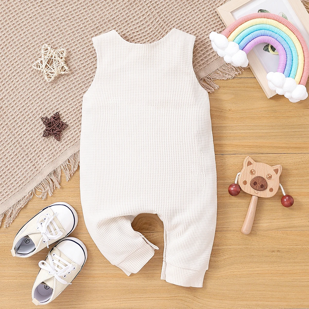 PatPat Baby Boy/Girl Rainbow Embroidered Waffle Tank Jumpsuit