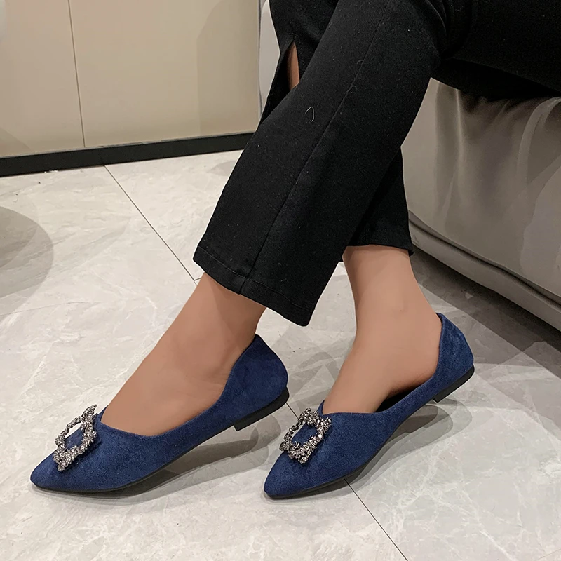 Women's Suede Dyed Flats Pointed Toe Loafers Wedding Bridesmaid Princess Dress Shoes High Quality Diamond Low Top Shoes