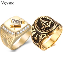Vintage Men Masonic Rings Quality Stainless Steel Jewelry Wedding Band for Men Retro Gold Color Titanium Punk Rings