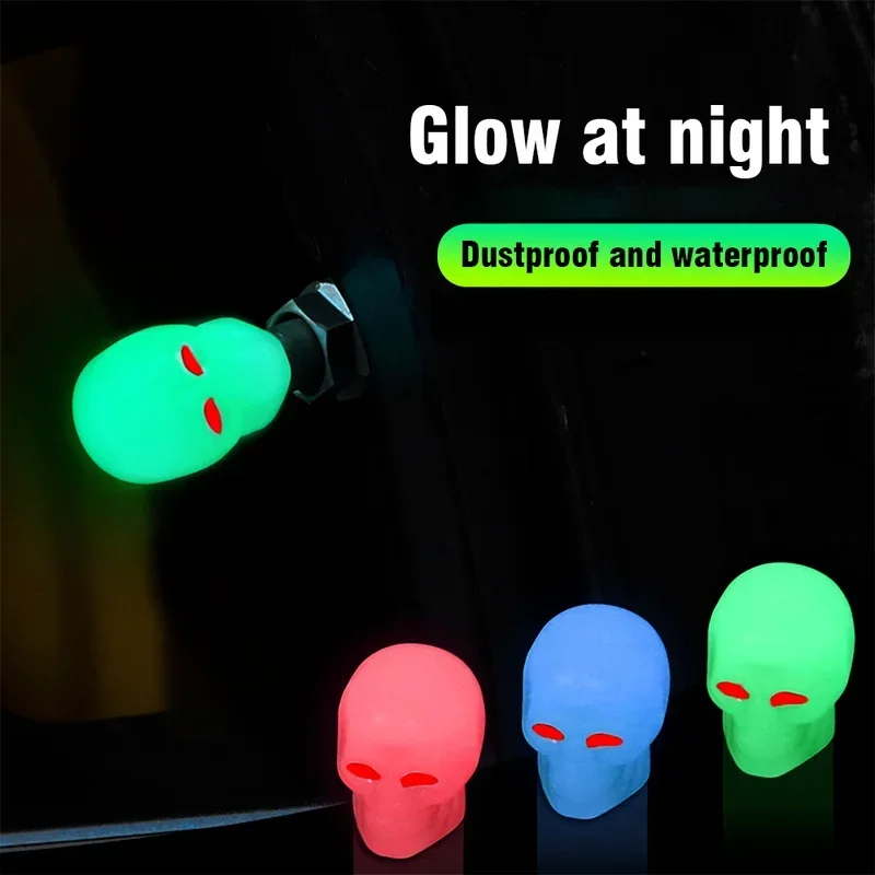 

4pcs Motorcycle Wheel Valves Nozzle Caps Decor Tire Night Glowing Nozzle Cover Skull Styling Luminous Valve Cap Car Bicycle