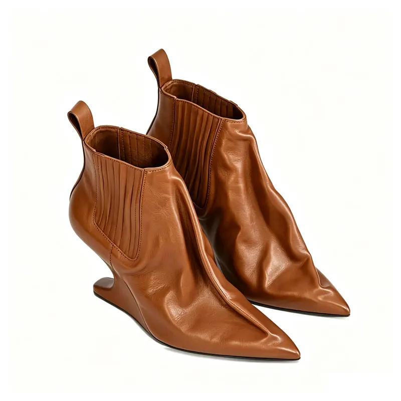 New Women's Soft PU Leather Pointed Toe Ankle Boots Unique Curved Wedge Heel Chelsea Booties Ruched Upper Pull Tab Dress Shoes