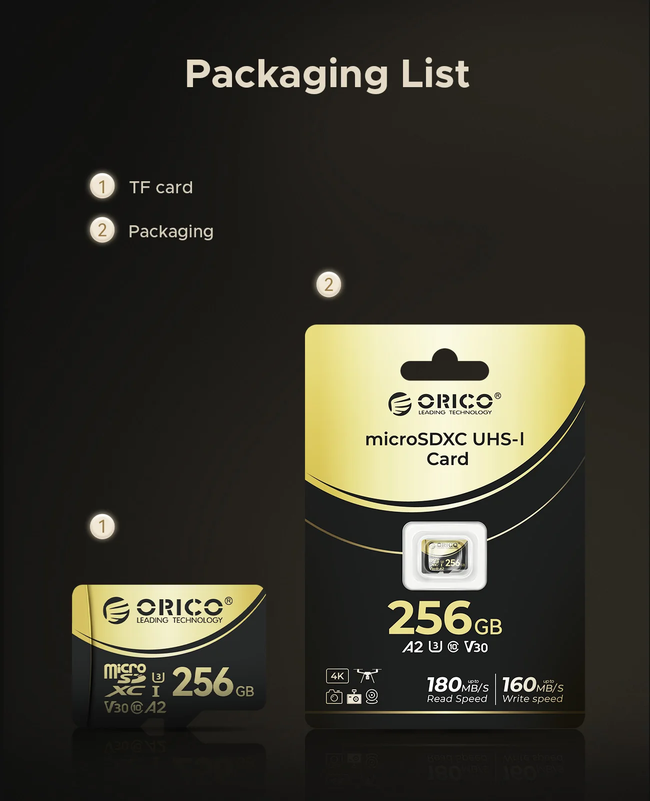 ORICO V3 256 GB microSDXC UHS-I-Speicherkarte, 180 MB/s, 160 MB/s lesen, 4K-UHD-Recodierung, U3, Class10, V30, A2, Micro SD für Drohne – Detail 13
