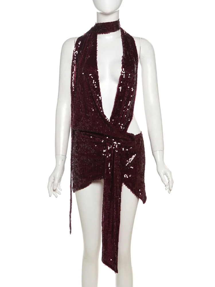 kliou Sequin Halter Women Mini Dress Sexy New Shiny Stunning Irregular Backless Low Neck Bodycon Mujer Coquette Nighout Clubwear