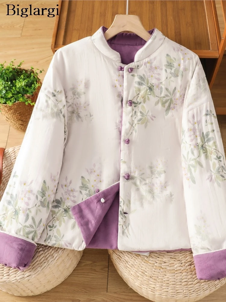 

Оверсайз, осенне-зимнее двустороннее пальто с подкладкой из хлопка, женские модные куртки с цветочным принтом в китайском стиле, свободные женские пальто