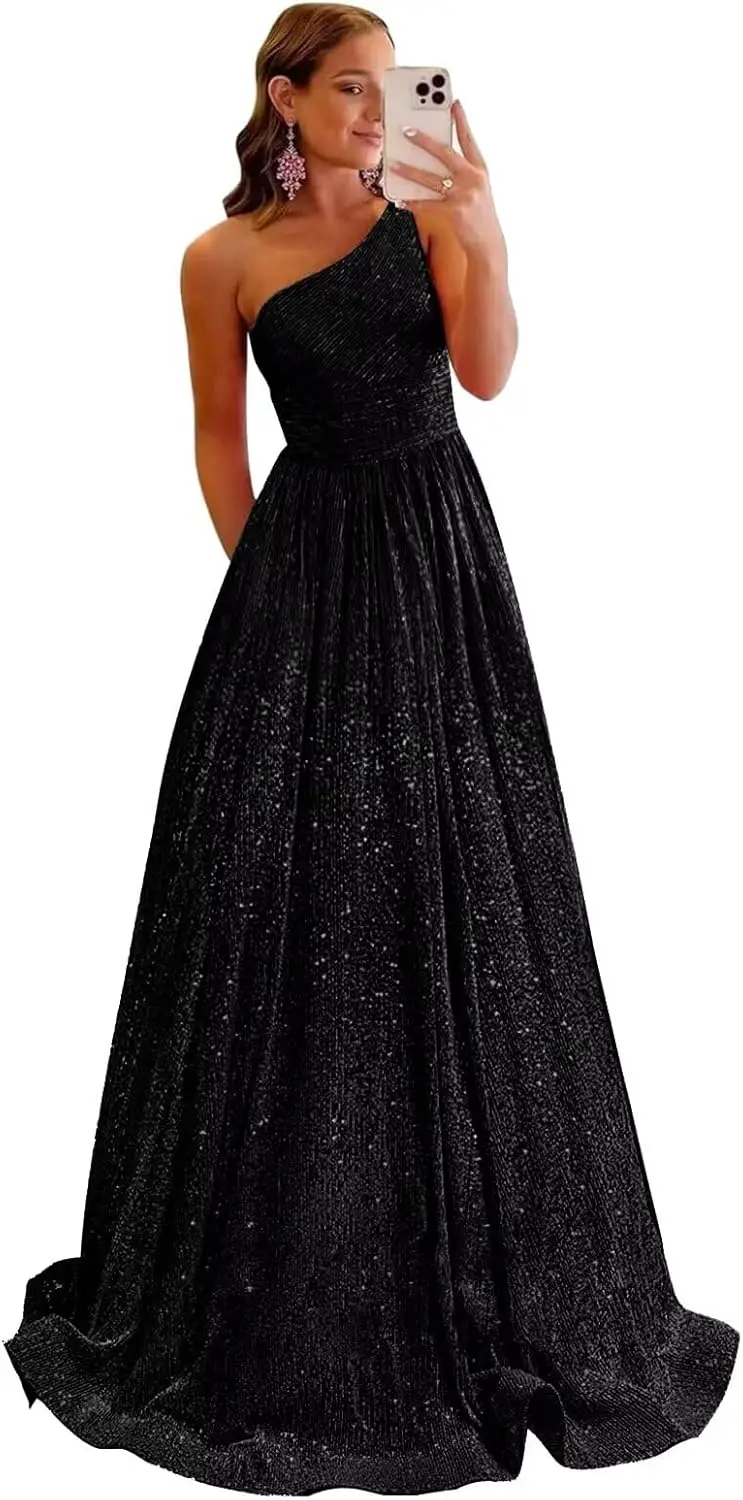 فستان أنيق للحفلات الراقصة بكتف واحد مزين بالترتر فستان رسمي متألق على شكل حرف a مع جيوب فستان سهرة طويل للنساء #3