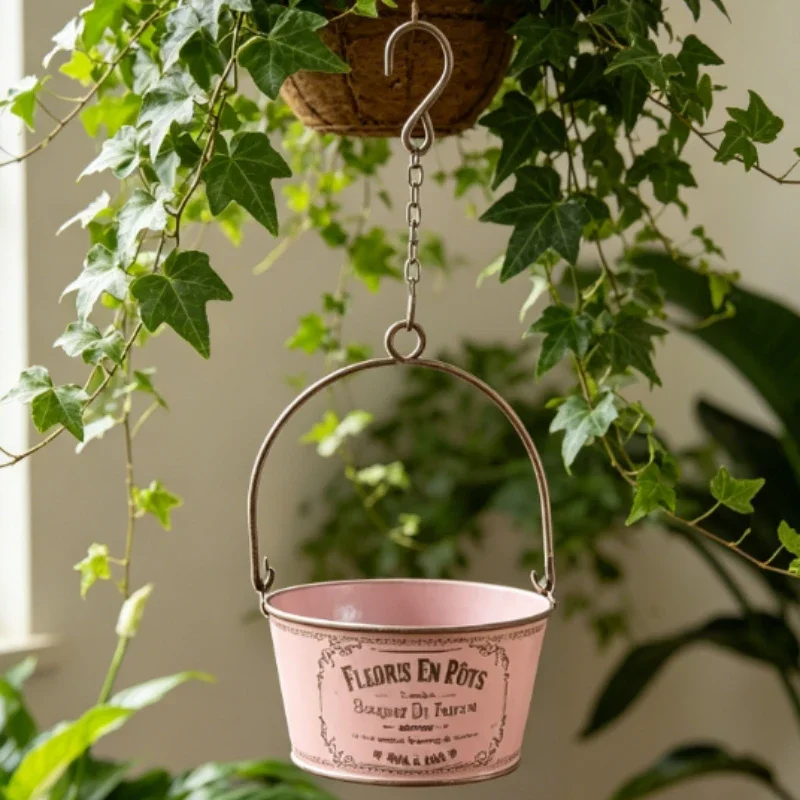 Antiqued Ironwork Letter Printed Pink Flower Pot Chain Hanging Plant Cultivation Basin Courtyard Horticulture Retro Decoration