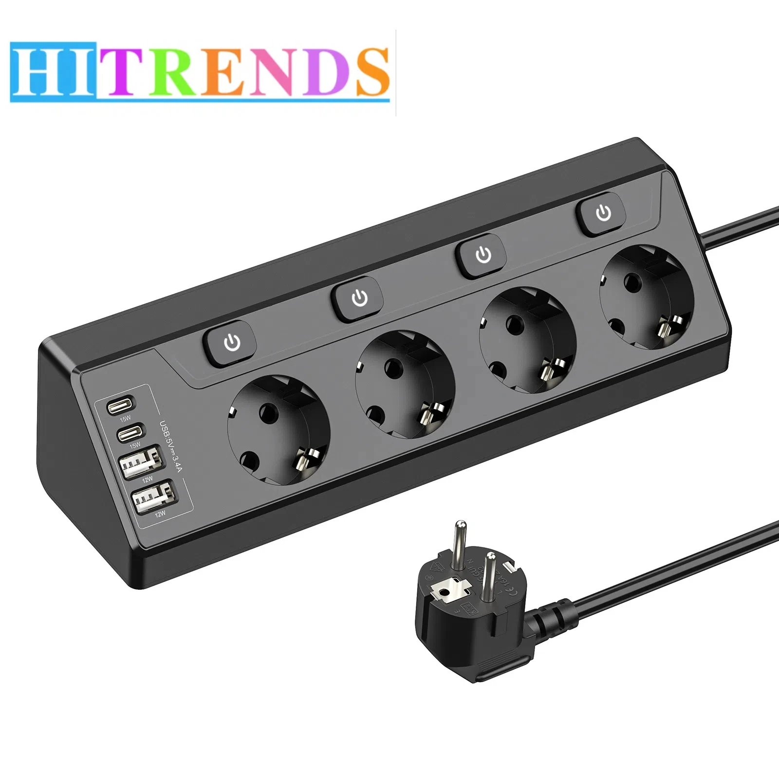 

Европейская спецификация Многоразъемная настольная плата питания 2 USB-A и 2 угловых розетки Type-C Независимый переключатель защиты от перенапряжения