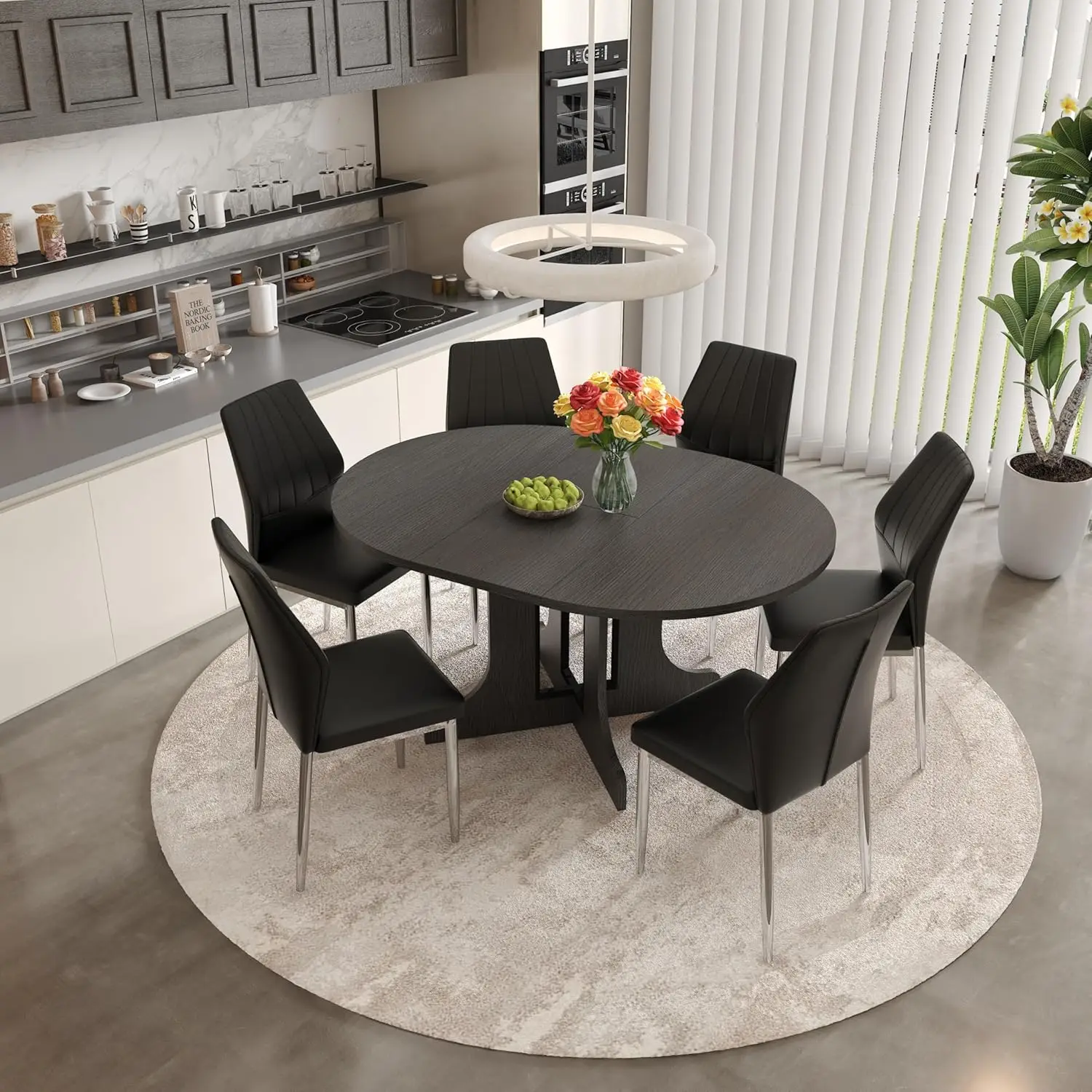 

7-Piece Round Dining Table Set for 6,43.31"-59.06" Extendable Black Kitchen Table to Oval with 6 Modern, Customized