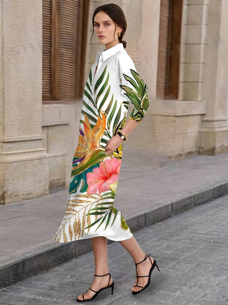 Women's Elegant Long-Sleeved Lapel Dress Spring and Autumn Urban Street Fashion Casual Single-Breasted Shirt Dress Hawaiian Prin - Image 6