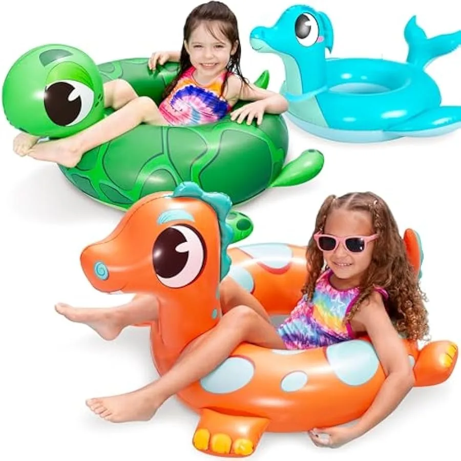 Sloosh 3-Pack Inflatable Pool Tubes Floats - Dinosaur and Sea Turtle and Dolphin Swimming Rings for Toddler Pool Beach Water Fl