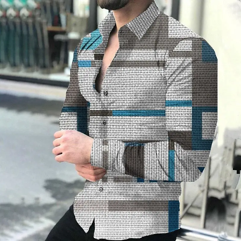 Men's shirt plaid striped graphic geometric cuffing outdoor street long sleeve button print clothing designer casual soft