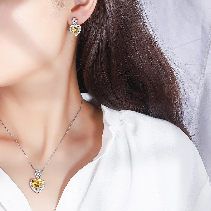 New High-end Jewelry Color Treasure Yellow Diamond Jewelry Set Earrings Main Stone 9*9 Pendant Necklace 12*12 Jewelry