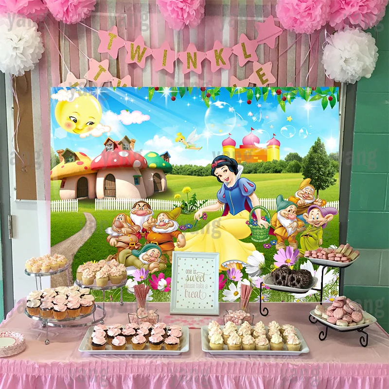 Disney Cute Snow White And The Seven Dwarfs Princess Background Baby Birthday Party Decoration Mushroom House Backdrop Customize