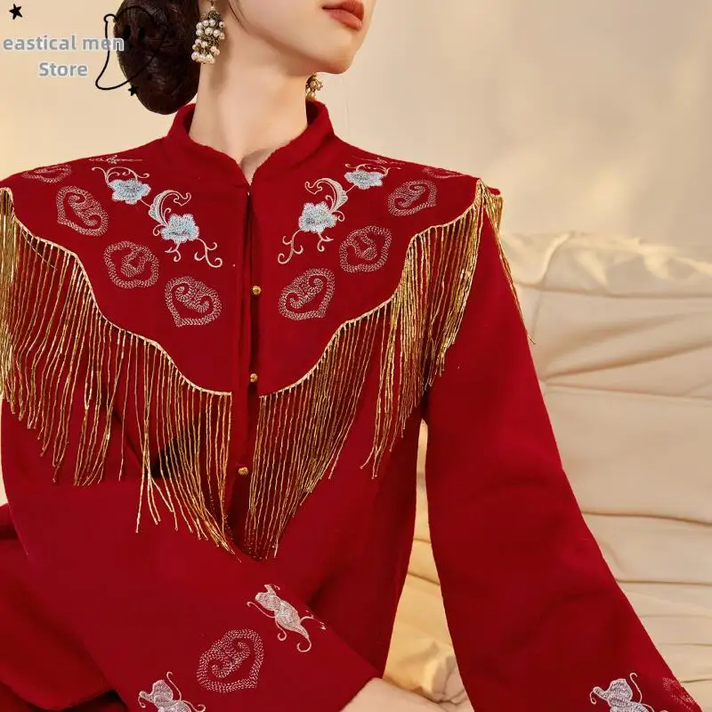 

Chinese New Year Hanfu Costume Red Wool Qipao Jacket Luxury Tassels Cape Autumn Winter New Tang Clothes Lady Party Outwear