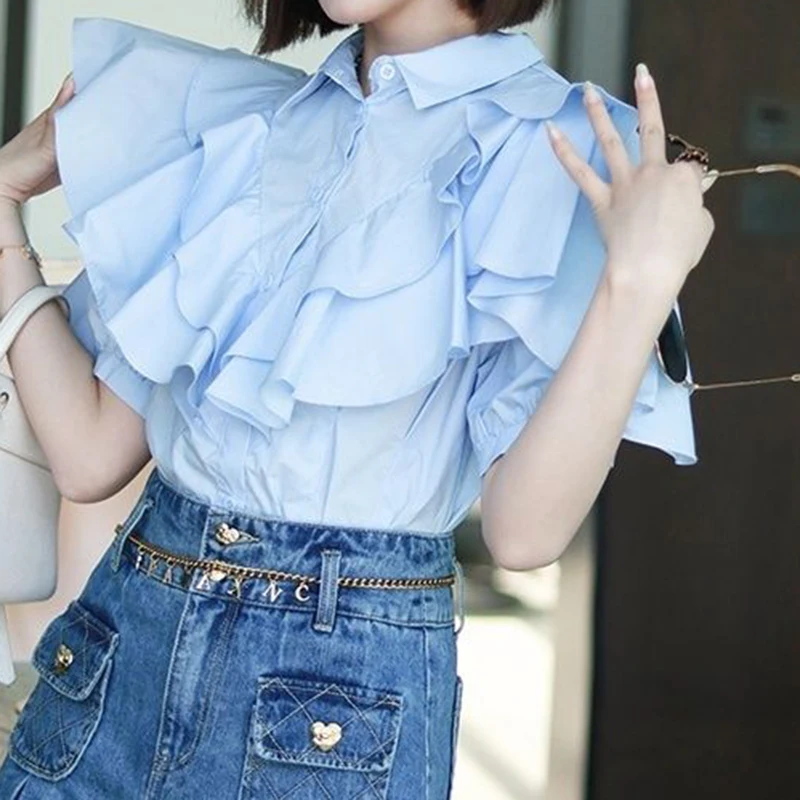 Cotton minority design shirt 2024 new ruffled patchwork western-style shirt with bubble sleeves and short sleeves Joker shirt