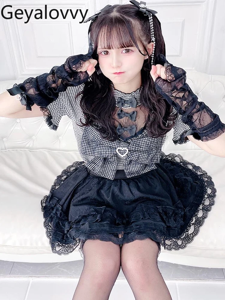 Japoński słodki styl, seksowna koronkowa bluzka z wycięciami, uniwersalna koszulka na wiosnę i lato z kokardą w kształcie serca, krótki rękaw i koronkowe rękawiczki.