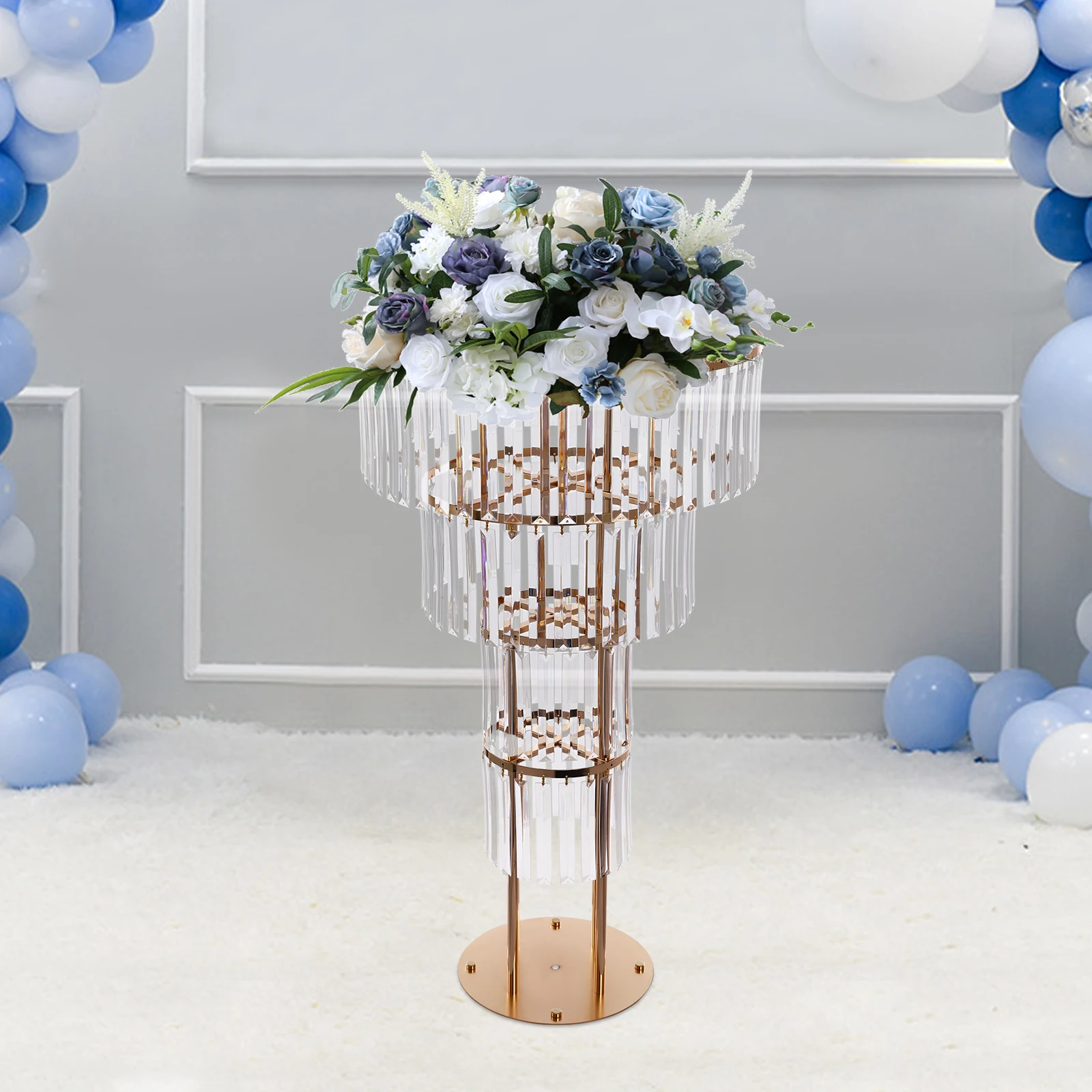 4 Tiers Crystal Flower Stand, About 8kg/17.64lbs Load-bearing Capacity Round Pedestal Stand, Freestanding Wedding Gold Crystal Flower Stand