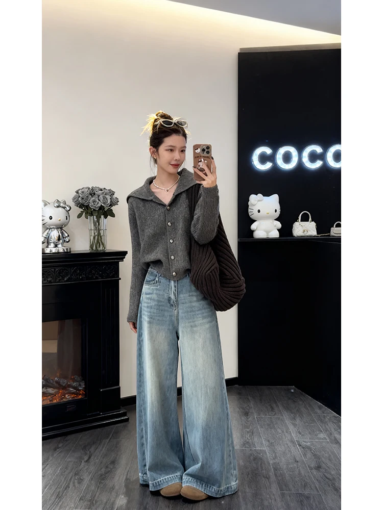 

High Waist Wide Leg Blue Washed Denim Jeans Women's Loose Fit Floor Length Pants Autumn Winter New Style Korean Lazy Style
