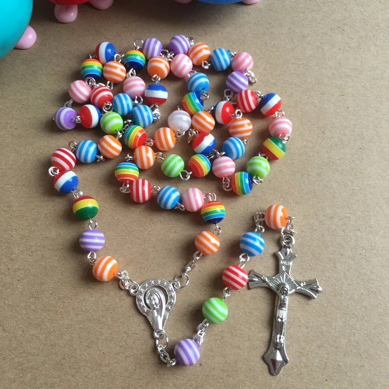 8mm plastic stripe beads religious rosary necklace, Virgin Mary  catholic rosary  with alloy cross and centerpiece