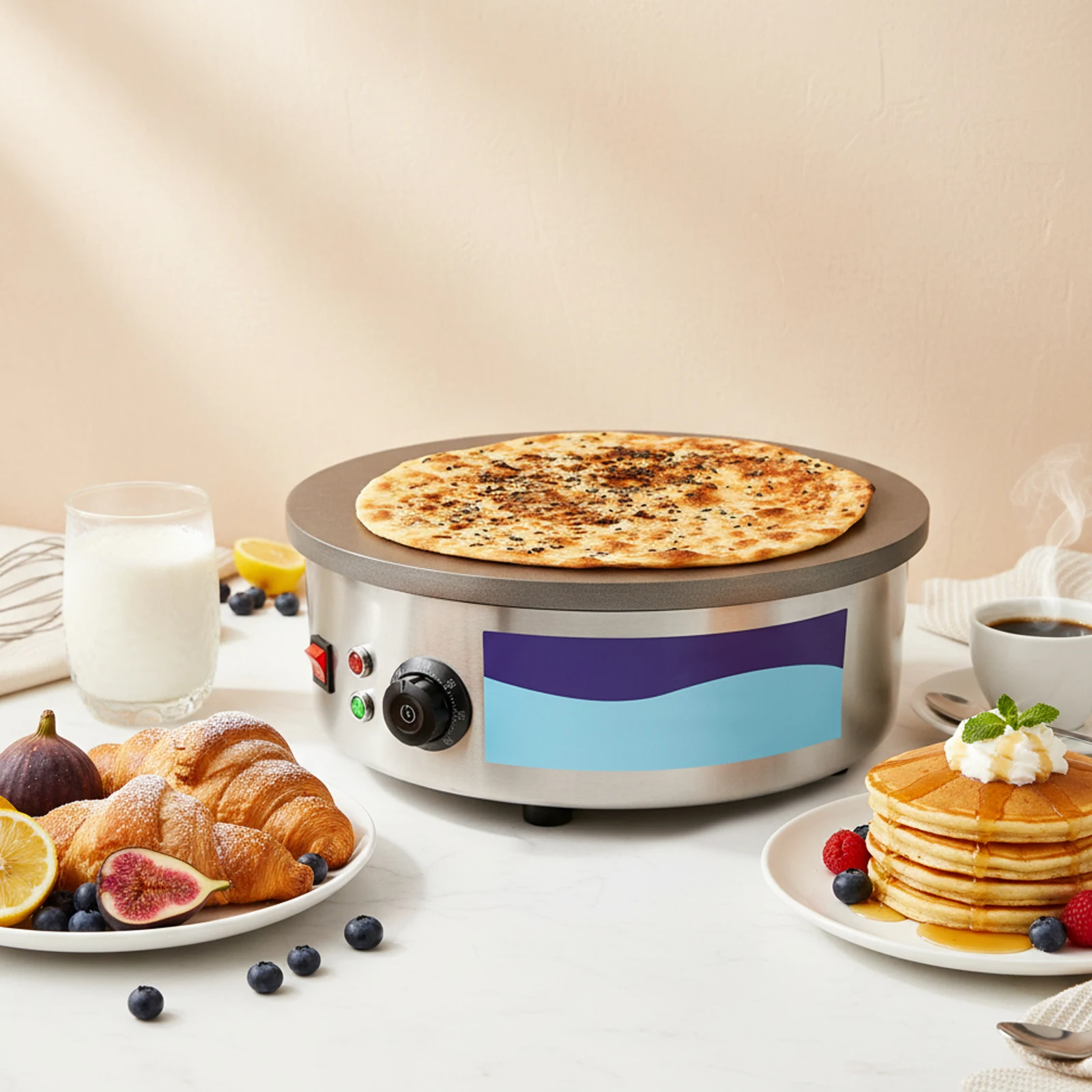 Máquina para Hacer Crepas de 3000W, Plancha de Hierro Fundido para Crepas y Panqueques 50-300 ℃   Con espátula y esparcidor para el hogar, panadería, snack bar NUEVO