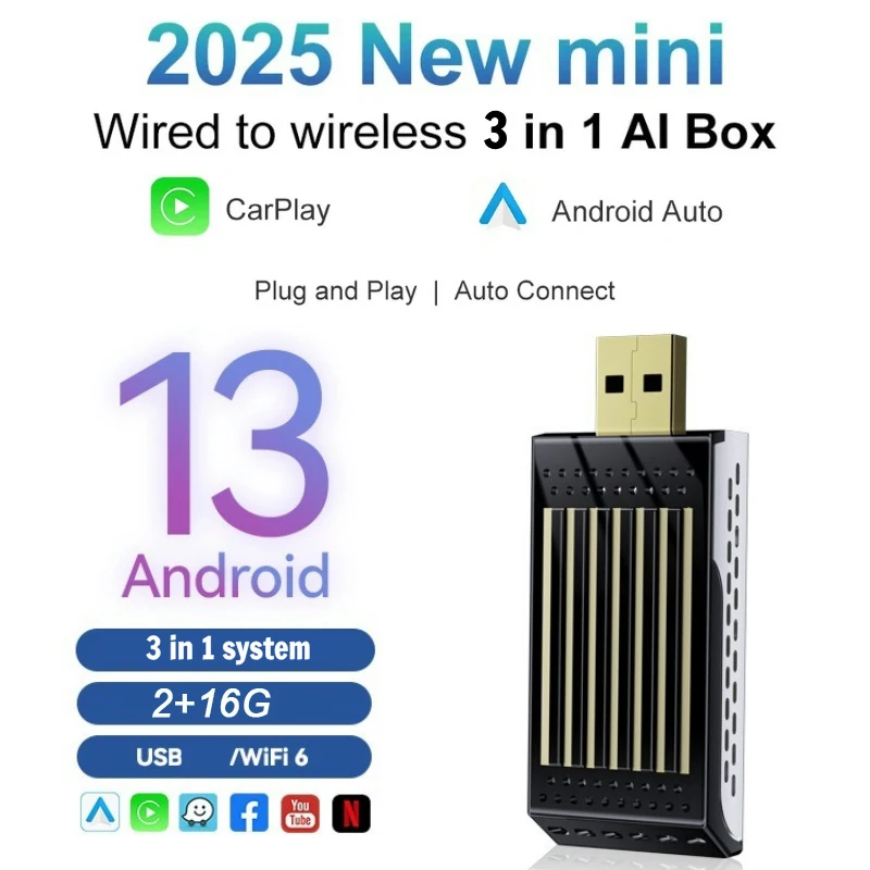

2025 New Wireless Carplay Adapter Android Auto 3 in1 Smart Box WIFI Auto Connect Bluetooth Wired To Wireless Carplay Adapter