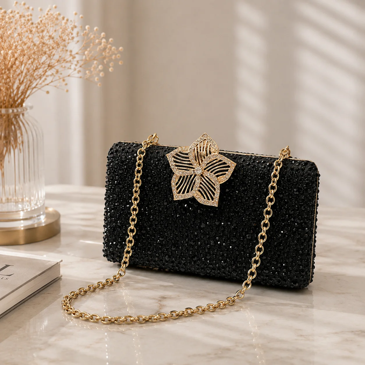 

Luxury Black Crystal Evening Clutch Bag Women Rhinestone Flower Party Purse Wedding Banquet Handbag