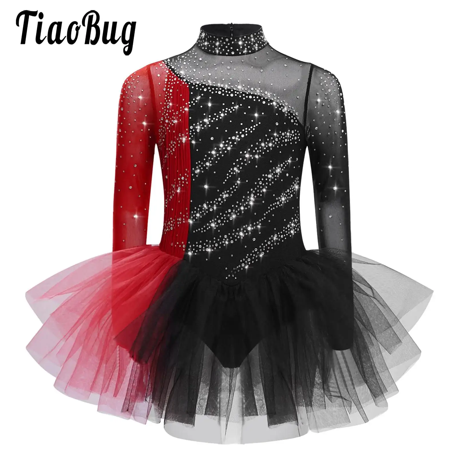 

Kids Girls Figure Skating Stage Performance Dress Tulle Ballet Dance Costume Long Sleeves Rhinestones Color Block Leotards Dress