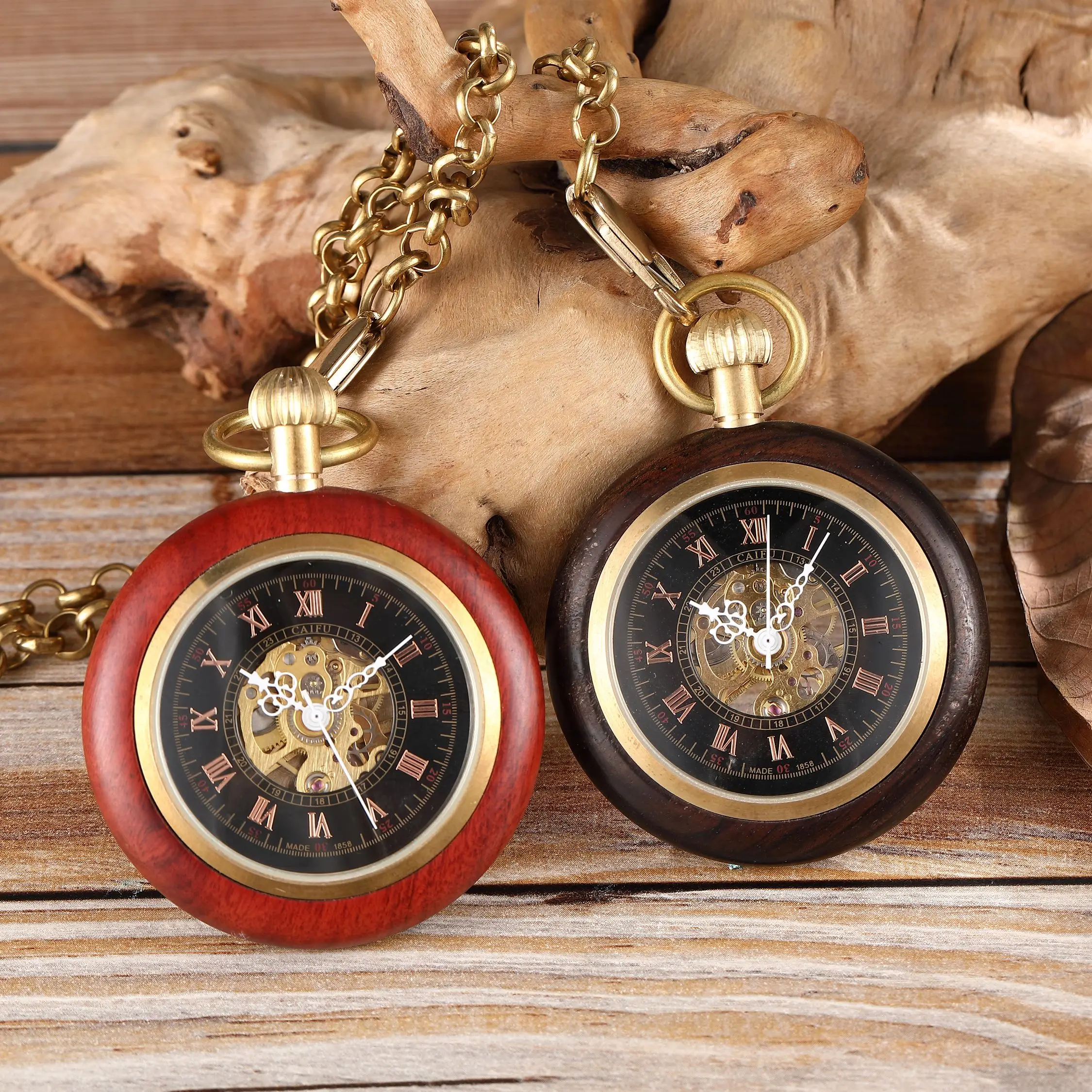 Fashion Retro Red Wood Mechanical Pocket Watch Men's Ladies Elegant Exquisite Antique Necklace Hand Wind Watch with Chain Gifts